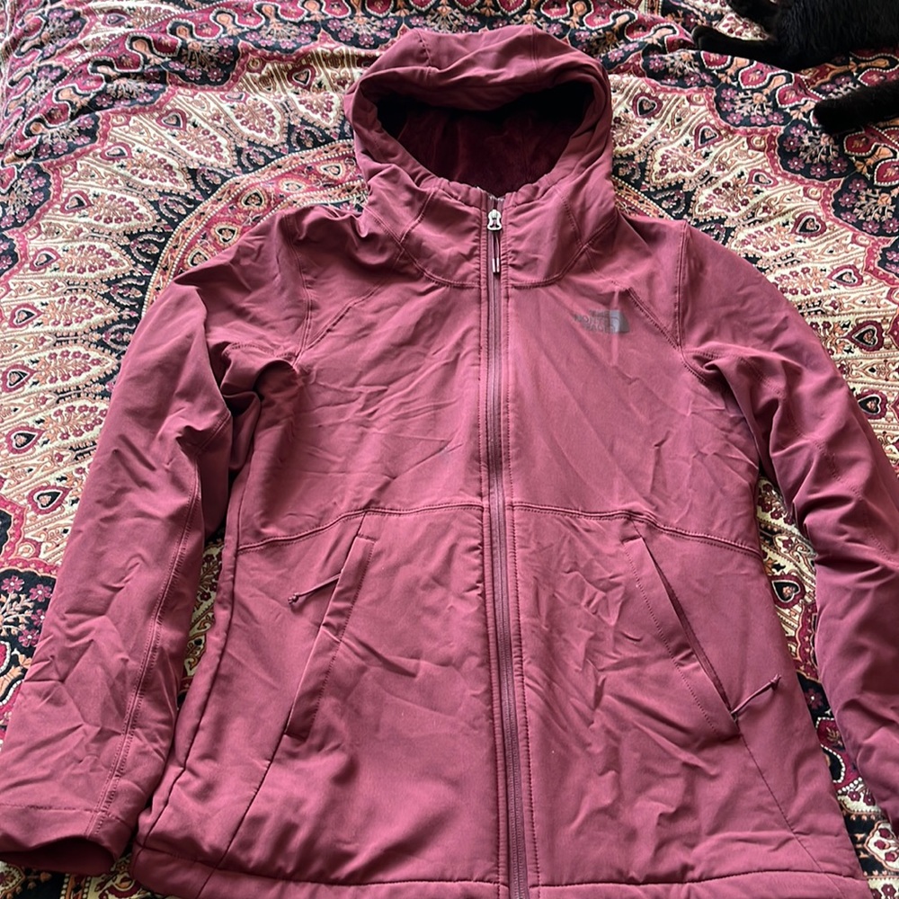 North Face Burgundy Fleece Lined Hooded Jacket XS